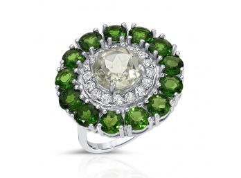 6.50 Carat Genuine Green Amethyst, Chrome Diopside And White Topaz .925 Sterling Silver Ring Size 7
