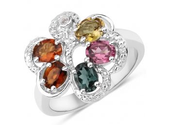 1.60 Carat Genuine Multi Tourmaline And White Zircon .925 Sterling Silver Ring, Size 8.00