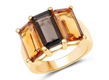 14K Yellow Gold Plated 8.14 Carat Genuine Smoky Quartz, Citrine And Champagne Quartz .925 Sterling Silver Ring
