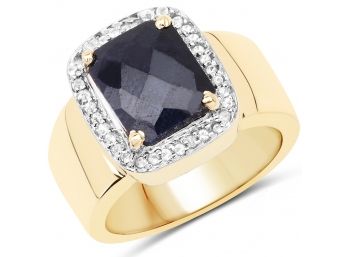 14K Yellow Gold Plated 4.07 Carat Sapphire And White Topaz .925 Sterling Silver Ring, Size 8.00