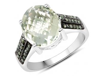 4.41 Carat Genuine Green Amethyst And Green Diamond .925 Sterling Silver Ring, Size 7.00