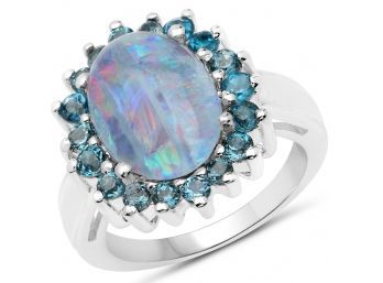 4.81 Carat Genuine Doublet Opal And London Blue Topaz .925 Sterling Silver Ring