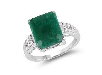 6.54 Carat Emerald & White Topaz .925 Sterling Silver Ring