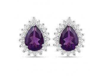 18K White Gold Plated 1.90 Carat Genuine Amethyst And White Topaz .925 Sterling Silver Earrings