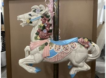 White Carousel Horse In Oak Stand With Brass Pole - Damaged