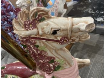 Tan Carousel Horse With Oak Stand With Brass Pole