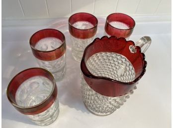 Ruby Hobnail Pitcher With 4 Thumbprint Glasses