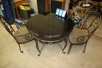 39' Round Black Wooden Table Top With Vintage Metal Base  &  2 Chairs