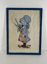 Embroidered Holly Hobbie Wall Art In Blue Painted Frame