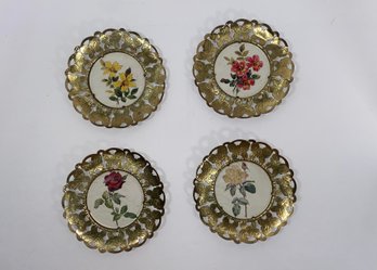Set Of 4 Floral Prints In Brass Frames