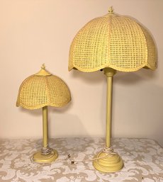Pair Of Matching Vintage Yellow Rattan Lamps