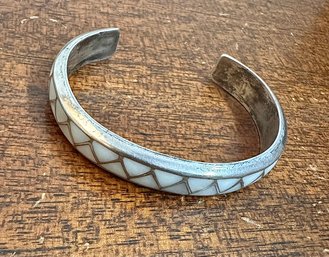 Sterling Silver Cuff Bracelet With Mother Of Pearl Inlay