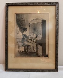 Vintage Lithograph On Stone  In Silver Frame