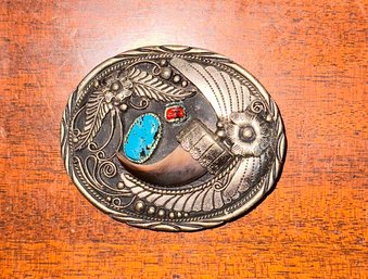 Sterling Silver Belt Buckle With Turquoise, Coral Stone, And A Bear Claw