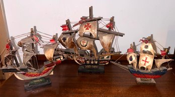 Vintage Wooden Replica Ships Santa Maria, Pinta, And Nina