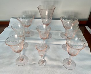 Vintage Pink Depression Glass Etched Stemware Set Of 9