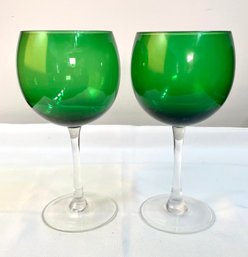 Vintage Dark Green Blown Glass Goblets Set Of 2
