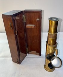 Vintage Brass Microscope In Wooden Box