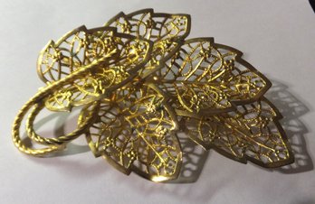 Vintage Brooch Judy Lee Leaf Leaves Gold Tone Filigree Large Pin 3