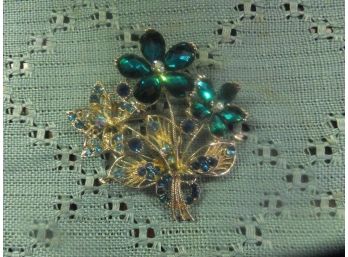 New Decorative Brooch Gold Tone With GREEN Stones