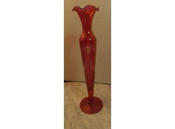 RED GLASS BUD VASE WITH ETCHED DESIGN