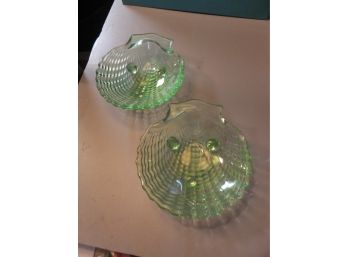 2 GREEN GLASS SHELL DISHES