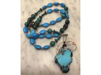 BLUE BEAD NECKLACE  16'  WITH TURQUISE STONE