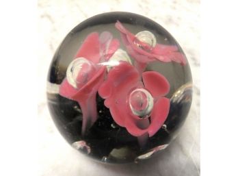 GLASS PAPER WEIGHT WITH PINK FLOWERS