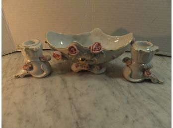 Vintage Bone China  Oval Bowl And Candle Holders