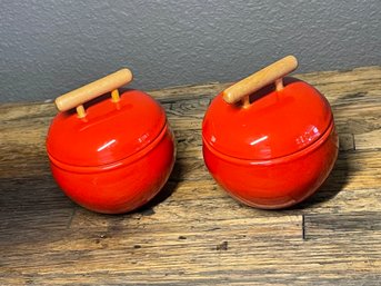 Vintage Pair Of Red Weber Grill Snack Keepers Fruit And Nut Keepers MCM Wooden Handles Bright Red By GANZ