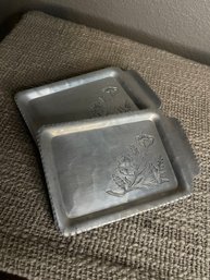 Set Of 4 Antique Hand Hammered Forged Aluminum Intaglio Design By EMPC Mini Trays Floral Design