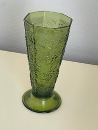 Vintage Anchor Hocking Depression Glass Avocado Green Grape Pattern Embossed Footed Vase