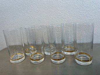 Set Of 7 Vintage MCM Gold Striped Barware Glasses Tall Tumblers Mad Men High Ball