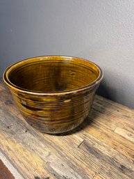 Farmhouse, Hand Thrown Glazed Green And Brown Vintage Primitive Mixing Bowl By Unknown Artist Signed