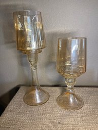 Vintage Large Carnival Glass Fluted Set Of 2 Chalice Amber Cordial Oversize Candle Multi Wick Candle Holder