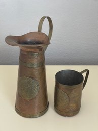 Hand Hammered Copper And Brass Vintage Aztec Calendar Pitcher And Mug With Handles