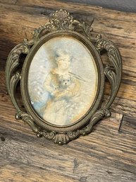 Antique Victorian Italian Silk Portrait Photograph Of Girl Holding Puppy In Gilded Gold Frame