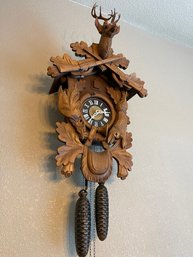 Massive West Germany Hand Carved Antique Black Forest Cuckoo Clock Hand Carved Game Glass Eyes Sculpted Stag
