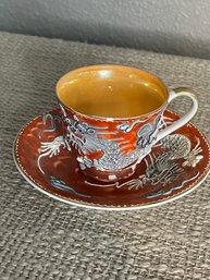 Antique Nippon Dragonware Satsuma Teacup And Saucer Set Hand Painted See Teacup Needs Repair Has Chip AS IS