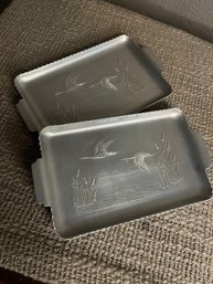 Set Of Of 2 Hammered Aluminum Mini Trays Antique Hand Carved Ducks Set Of 2