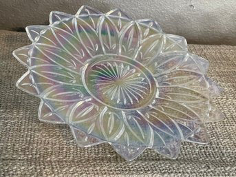 Hazel Atlas Cut Glass Sunflower Carnival Glass Plate Iridescent Opalescent Clear 12'