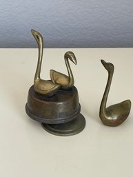 Vintage Brass Swan Music Box With Matching Brass Swan Sculpture MCM