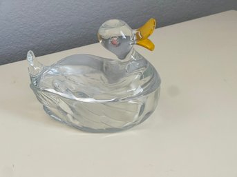 Vintage Long Bill MCM Duck On Nest Trinket Candy Dish Modern Mid Century Pink Yellow Clear RARE