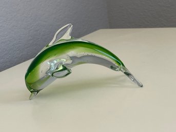 Vintage Hand Blown Glass Italy Murano Glass Dolphin Green Art Glass Crystal Porpoise Paperweight