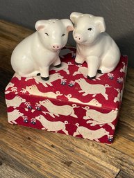 Vintage Fetco Porcelain Piggy Salt & Pepper Shakers Made In Thailand With A 100 Thai Cotton Handmade Gift Box