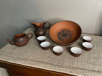 Chinese Xixing Zisha Purple Clay Handmade Saki Set With Six Sake Cups MINT