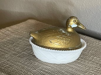 VERY RARE Interior Designers DREAM Milk Glass Distressed Gold Leaf Lid Basket Weave Milk Glass Duck Container