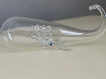 Vintage Hand Blown Art Glass Whale With Ship Inside Very Delicate Beautiful, Small Flaw On Tale AS IS
