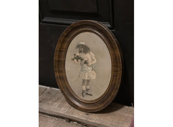 Antique Edwardian Child Portrait, Oval Frame, Hand Tinted, Tigre Wood Metal, Oval Frame