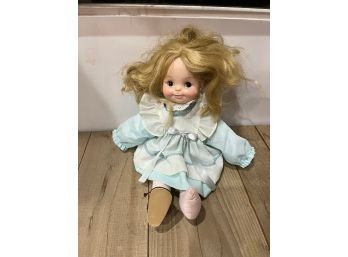 Vintage Soft Body Effanbee Doll, Very Rare, Sleeper Doll, Brown Eyes, Blonde Hair, Blue Dress, Black Shoes